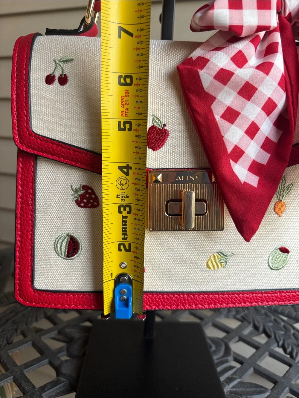 ALDO Red & Cream Fruit Embroidered Top-Handle Satchel Bag with Gingham Scarf/Bow